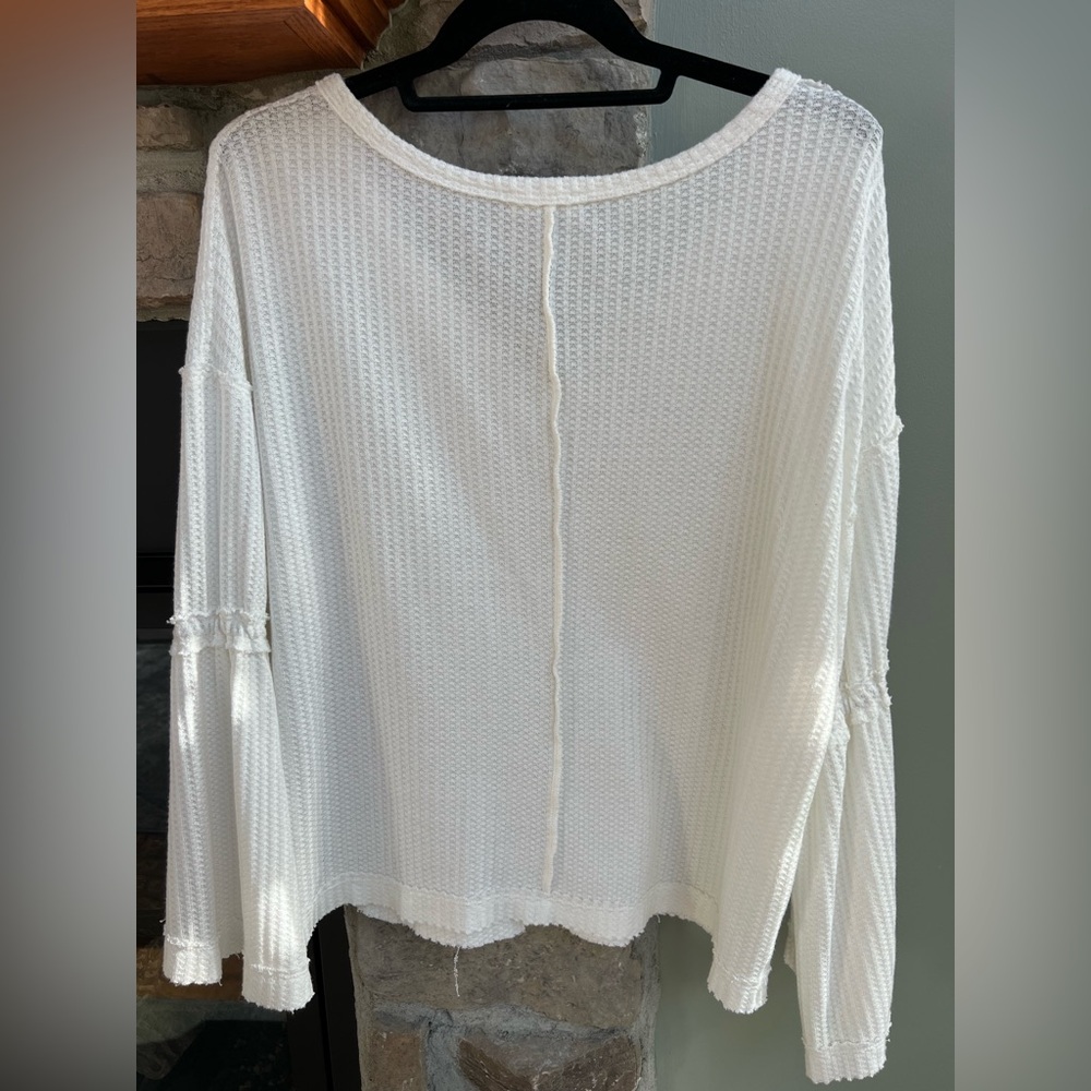 Miss Love waffle knit Vee neck distressed/raw edge long sleeve blouse. - Picture 2 of 6